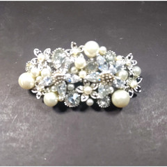 Hair Barrette Tension Clip Faux Pearls Rhinestone Silver Tone Elegant Church…