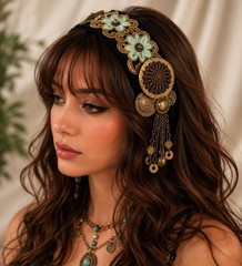MF-087 One of a Kind Tribal Fusion Headpiece Mint Floral Black Velvet ATS