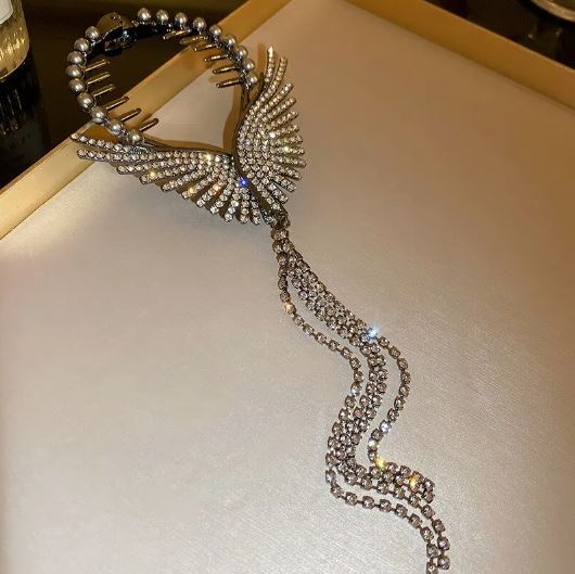Angel Wings Hair Clip Imitation Pearl Rhinestone Tassel Chain Ponytail