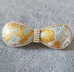 Gold Tone Bow Barrette Hair Clip, Floral Fabric, Faux Pearl Beaded Accent NWOT