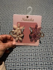 Natasha Flower Hair Clips 2-Pack Gold Pink Purple Rhinestone Beaded