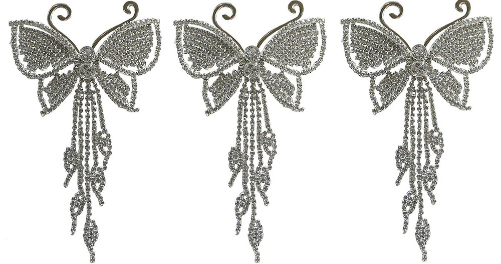 Set of 3 JCGY Crystal Silvery White Butterfly Bridal Barrettes Streamers 9050-3