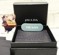 PRADA Barrette Hair Clip White Logo Design Sky Blue Gold Metal with Box Gift