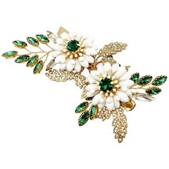Green Bridal Hair Clip White Enamel Flower Gold Leaf Crystal Wedding Hair Vin…
