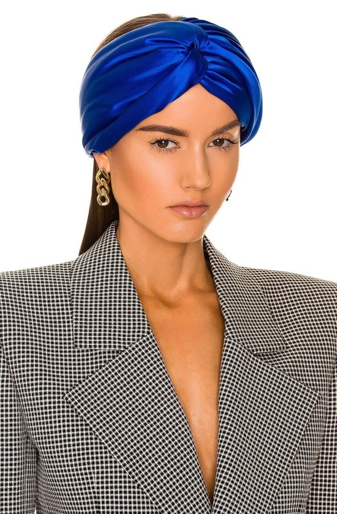 Saint Laurent Twisted Turban Sapphire Blue Silk Headband $650
