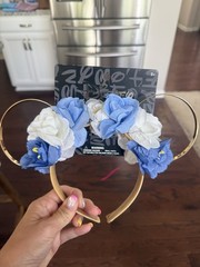 Disney Mickey Mouse Gold Tone Floral Ears Headband Blue & White Flowers