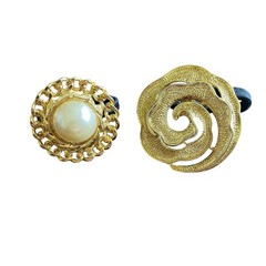 2 Vintage Gold Tone Metal Hair Tie Rubber Band Faux Pearl Flower Swirl