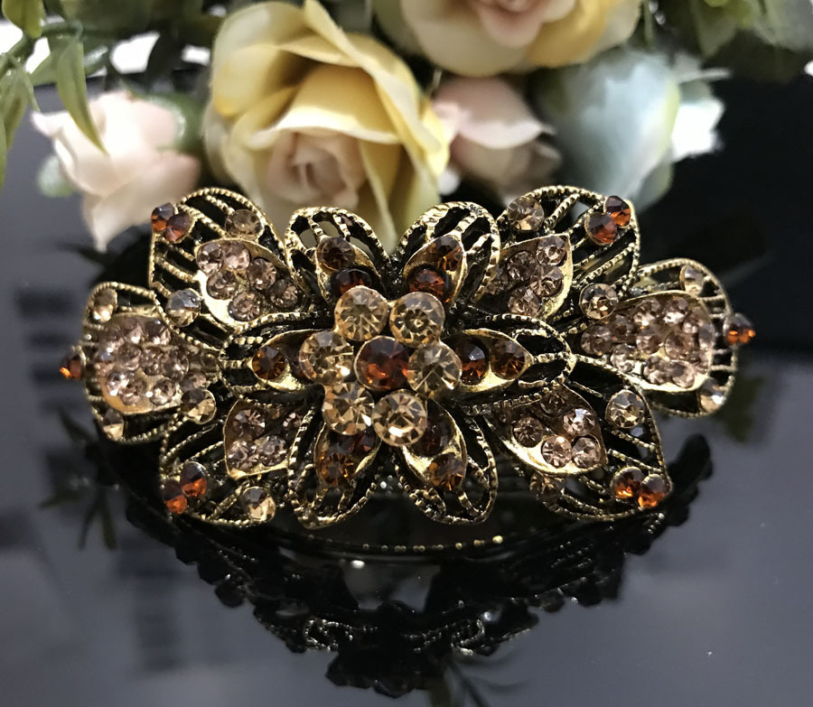 ANtique Gold Tone Rhinestone Brown color metal Hair Clip Barrette 980117