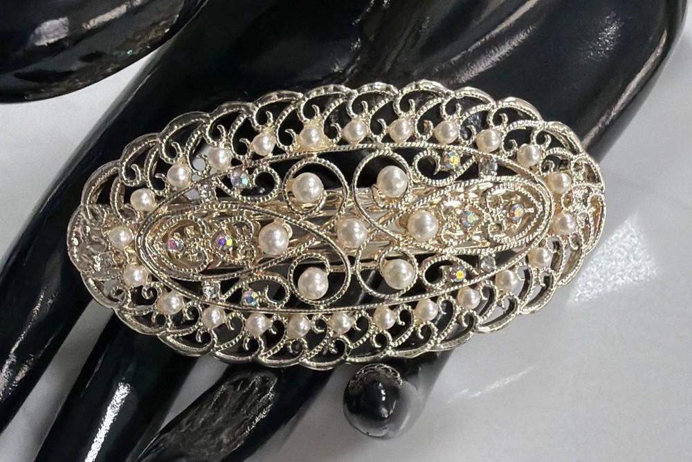 Flower Filigree Design Spring Clip Hair Barrette Hairpin Faux Pearl Silvertone