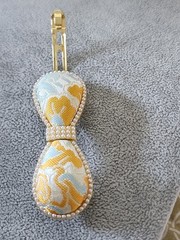 Gold Tone Bow Barrette Hair Clip, Floral Fabric, Faux Pearl Beaded Accent NWOT