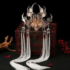 Women’s Gold Metal Dragon Headpiece with White Tassel Fringe for Wedding Party