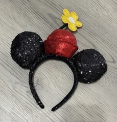 DISNEY PARKS Minnie Mouse Sequin Ear Headband Red Hat and Yellow Flower NEW