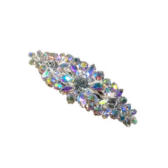Hair Barrette Tension Clip Rhinestones Clear Silver Tone