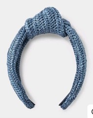 New Blue Woven Raffia Knotted Headband with Yellow “CIAO” Embroidered