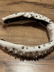 LELE SADOUGHI Knotted Headband White w/ Faux PEARLS & GOLD Studs Embellished