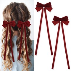 2 PCS Red Velvet Hair Bows, Burgundy Hair Bow Clip, Burgundy Tassel Ribbon Bo…