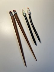 Vintage Wood Wooden Glass Hair Stick Pin Santa Hat Penguin Christmas Tree Black
