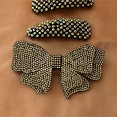 Set of Black/Gold Metal & Fabric Bow Hair Barrettes with Rhinestone Accents