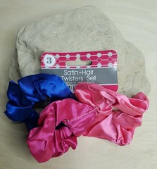 Fabric Ponytail Holders Round 3 Pack Blue Pink Satin Hair Twisters 80s Scrunchy