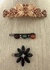 Hair Barrettes Lucite & Rhinestone Butterefly, Black Flower,Small Bar w/Stones