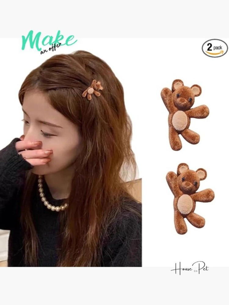 2 Pcs Velvet Plush Bear Hair Clips Set – Cute Stuffed Animal Side Barrettes for