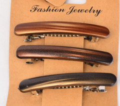 3 Hair Barrettes 2.5″ x 3/8″ wide 3 wood brushed tones Secure French Clasp Short