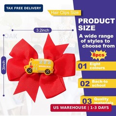 8Pcs Back to School Bow Hair Clips School Bus Pencil Hair Barrettes Grosgrain Ri