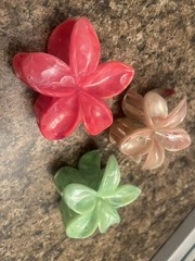 Set of 3 Flower Hair Claw Clips Pink, Beige & Green for Women