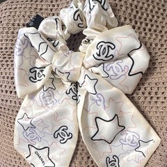 CHANEL Women’s Silk Bow Scrunchie Hair Tie Logo Pattern White/Black/Purple