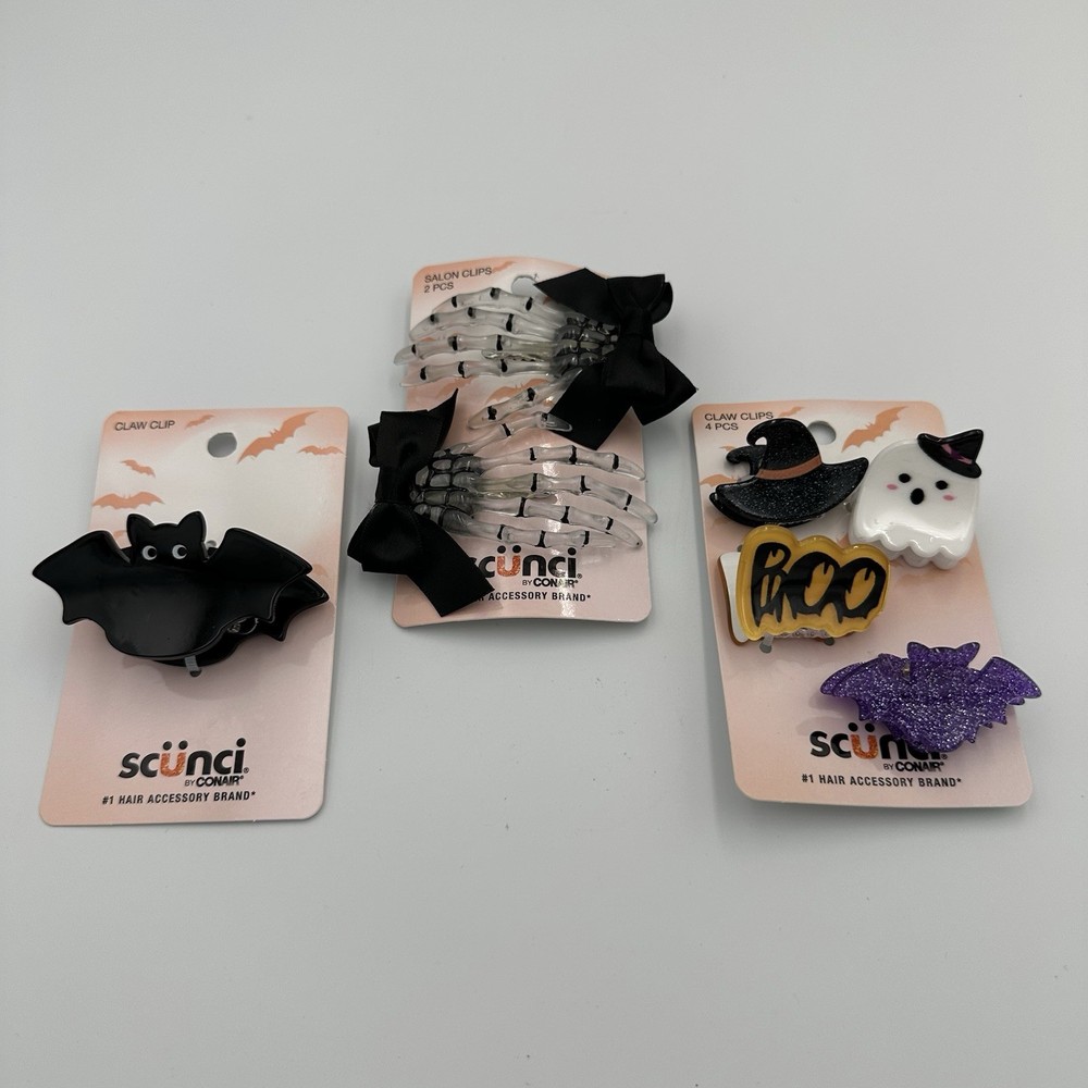 SCUNCI by Conair Halloween Hair Accessories Clips Bat Ghost Skeleton Set of 3