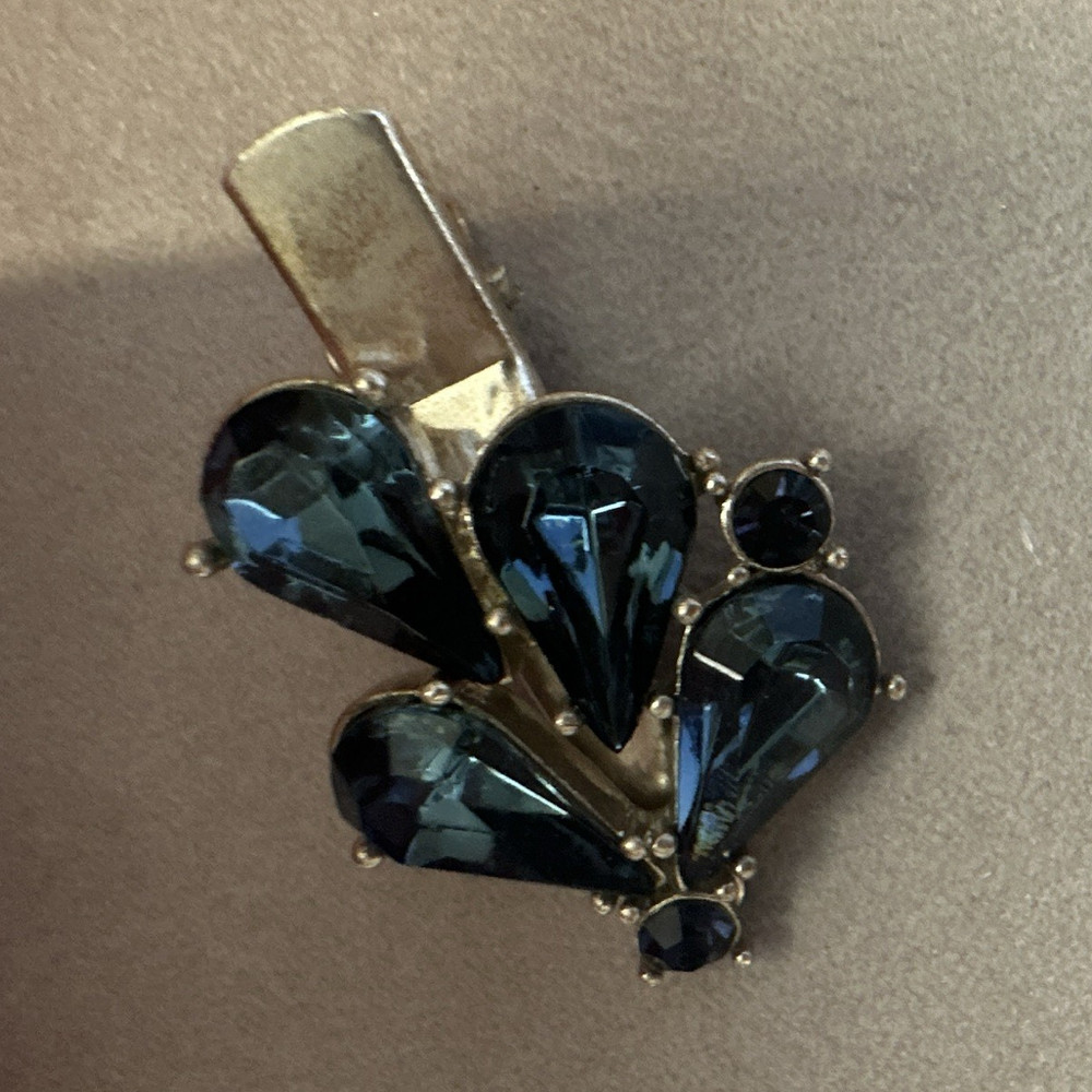 Vintage Silver Tone Metal Hair Clip Barrette, Blue Glass Stones, Beaded Accents