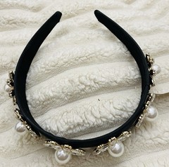 NEW Natasha Black Crystal Pearl Flowers Headband Jeweled