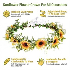 DDazzling Green Leaf Floral Crown 1 Count (Pack of 1), Sunflower Yellow