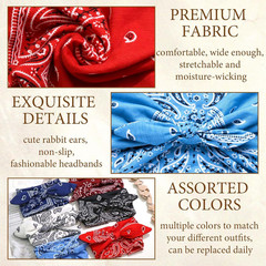 6 Pack Bow Headbands Paisley Prints Boho Bandana Headband Rabbit Ears Head Wraps