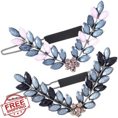 HINZIC 2pc Gray Black Rhinestone Hair Clips Leaf Crystal Barrettes