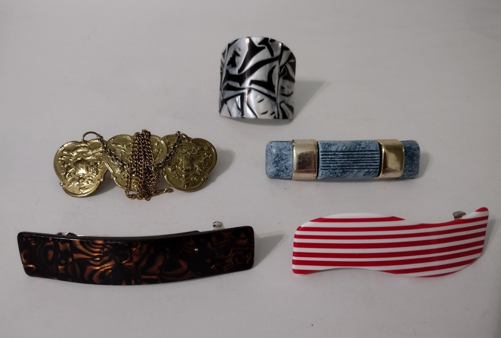 Vintage 80s Lot Of 5 Barrettes Hair Accessories Metal Spring Clasp Plastic Metal