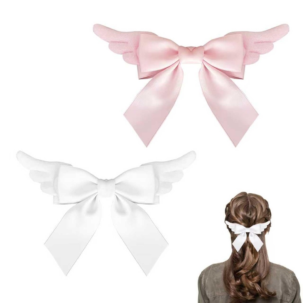 2 Pack Hair Bows with Angel Wings – Large 1 Count (Pack of 2), pink and white