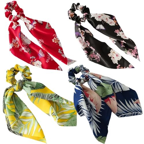 Boho Hair Scarf Scrunchies, 12” Satin Bow Ties Long 1 Count (Pack of 1) Floral