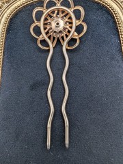 Vintage Hair Pick/ Comb Faux Pearls Rhinestone Flower Gold Tone 3″