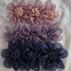 Lot of 3 Vintage French Barrette Hair Clips Chiffon Organza Flower Navy Pink Pur