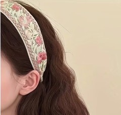 Vintage Retro Green And Pink Embroidered Lace Fabric Hair Band Headband
