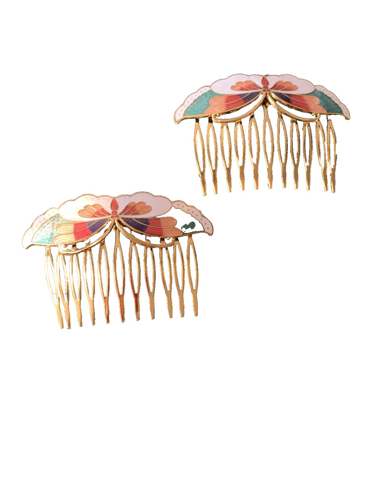 New Cloisonné Butterfly Enamel Decorative Gold Tone Hair Combs Set