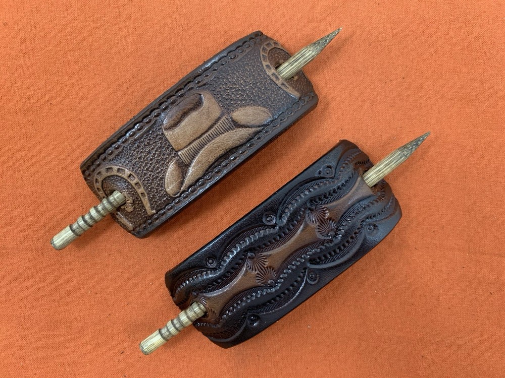 2 Leather Hair Barrettes w Sticks, Ponytail, Cowboy Hat, Handcrafted #304
