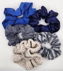 Handmade Scrunchie Set Lot of 5 Crochet Fabric Hair Ties Blue, Tan, Grey, Stripe