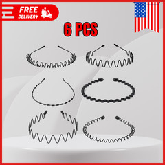 6PCS Metal Hair Headband Wave Hoop Band Sports Hair Comb Unisex Men Women Black