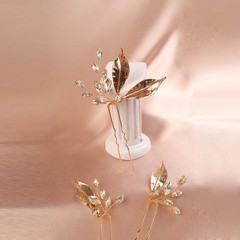 3 PCS Gold Leaf Crystal Rhinestone Hair Pins Teardrop Crystal Hair Piece