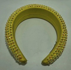 Neon Yellow Padded Fabric Headband Hair Accessory W/Rhinestone Bling Handmade