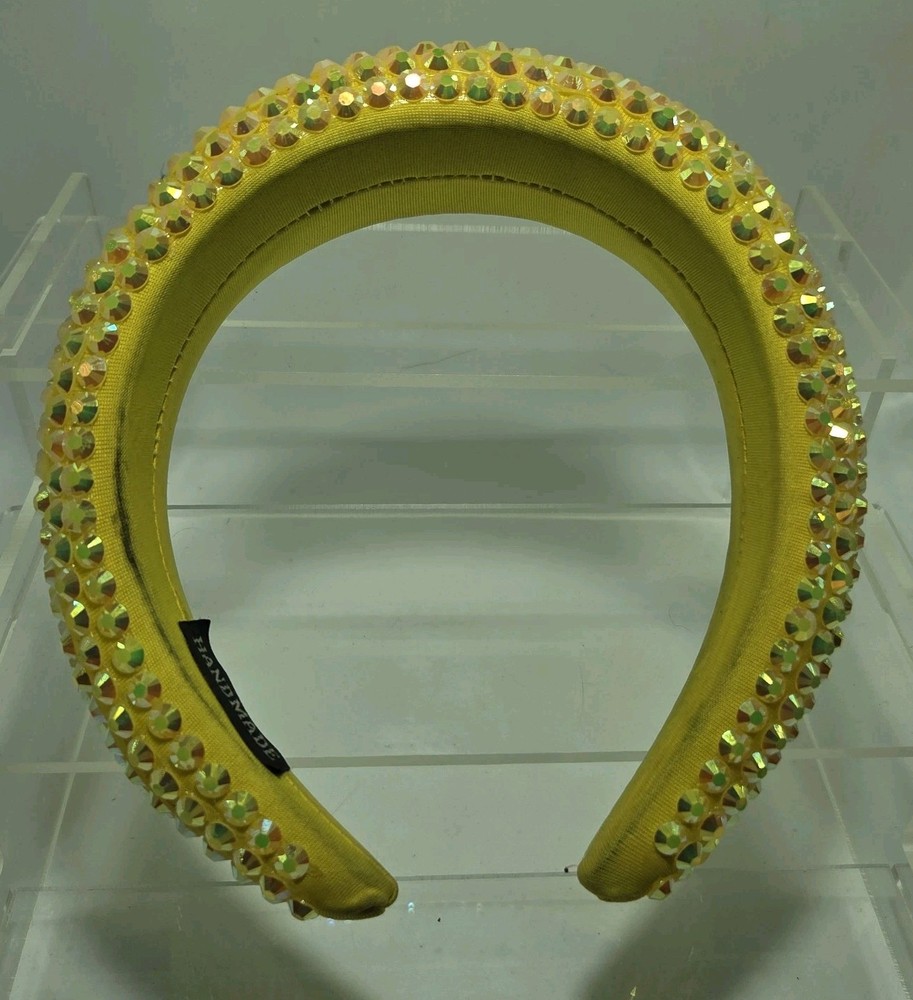 Neon Yellow Padded Fabric Headband Hair Accessory W/Rhinestone Bling Handmade