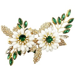 Bridal Hair Clip White Enamel Flower Gold Leaf Crystal Wedding Vine Green