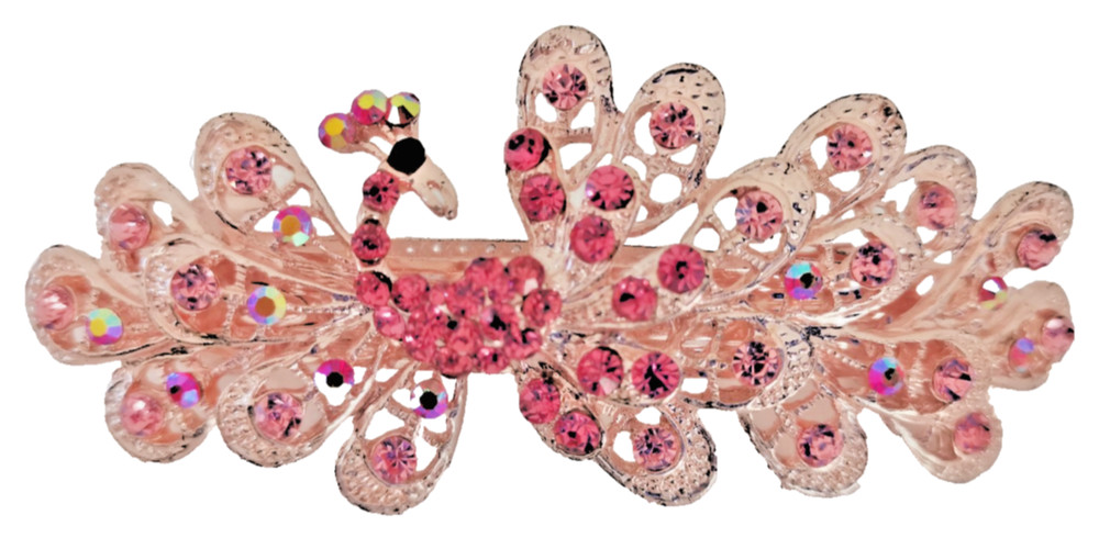 Rose Gold Peacock Hair Barrette Pink Rhinestone Crystal Clip Decorative